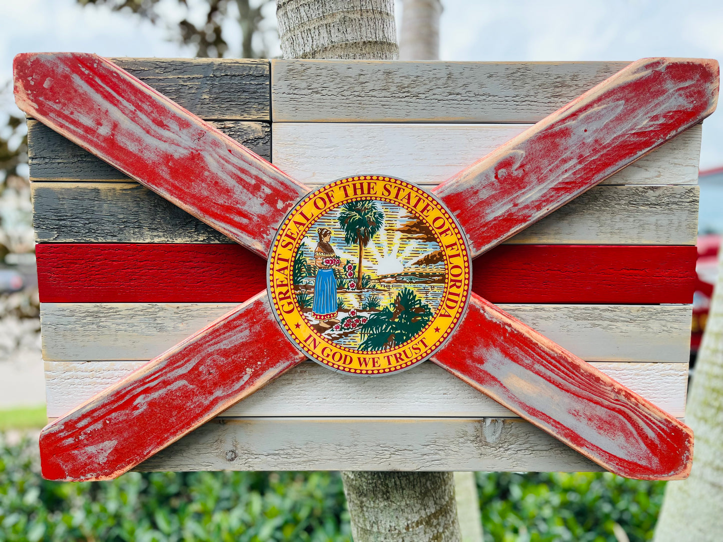 Red Line of Courage Solid Wood Florida + American Flag