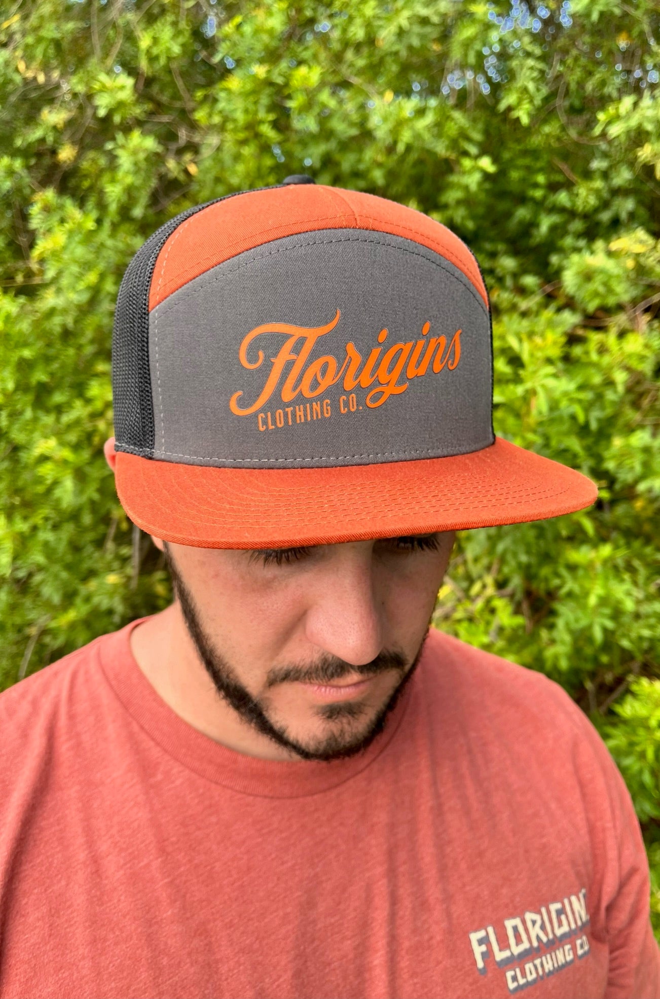 Charcoal/Burnt Orange 7 Panel Trucker